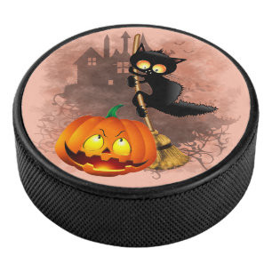Cat Scared by Pumpkin Fun Halloween Character Hockey Puck