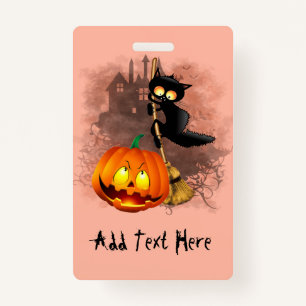 Cat Scared by Pumpkin Fun Halloween Character ID Badge