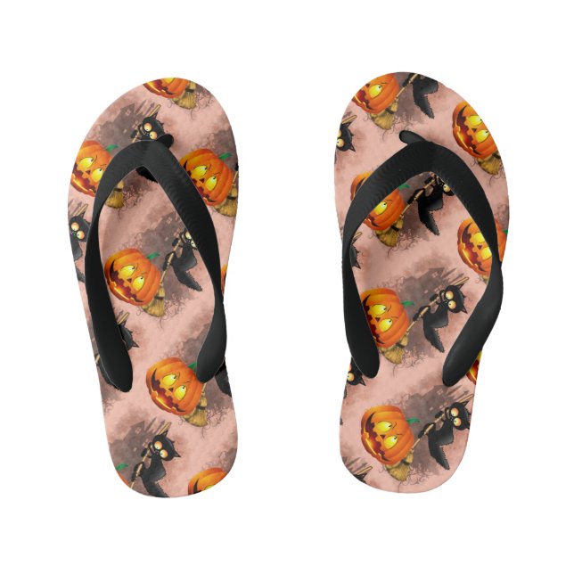 Cat Scared by Pumpkin Fun Halloween Character Kid's Jandals (Footbed)
