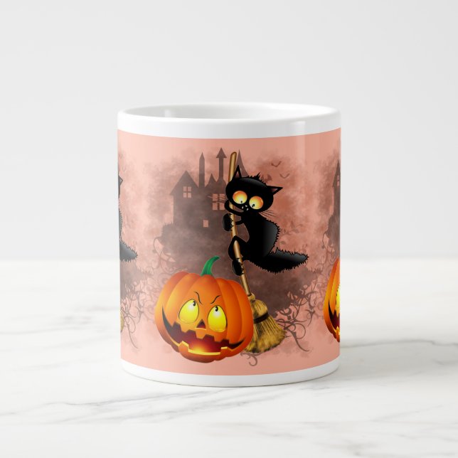 Cat Scared by Pumpkin Fun Halloween Character Large Coffee Mug (Front)