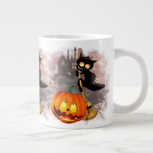 Cat Scared by Pumpkin Fun Halloween Character Large Coffee Mug