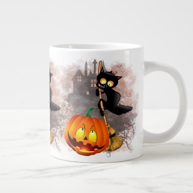 Cat Scared by Pumpkin Fun Halloween Character Large Coffee Mug (Right)