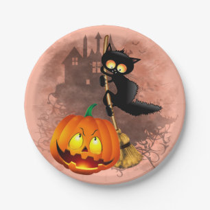Cat Scared by Pumpkin Fun Halloween Character Paper Plate