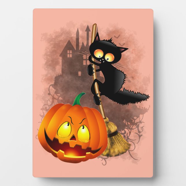 Cat Scared by Pumpkin Fun Halloween Character Plaque (Front)