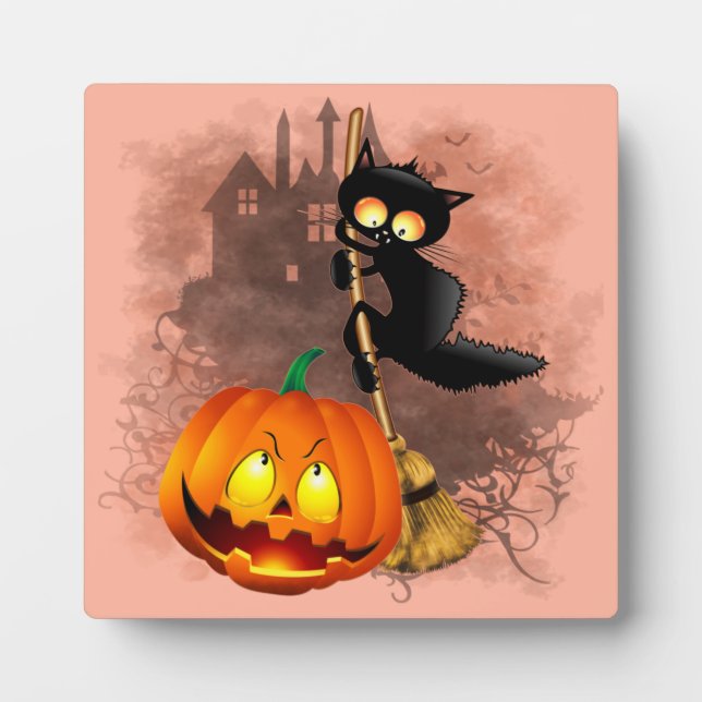 Cat Scared by Pumpkin Fun Halloween Character Plaque (Front)