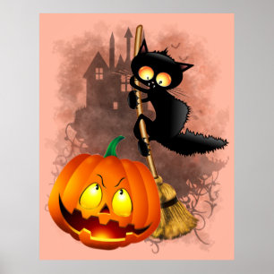 Cat Scared by Pumpkin Fun Halloween Character Poster