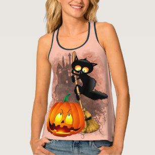 Cat Scared by Pumpkin Fun Halloween Character Singlet