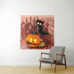 Cat Scared by Pumpkin Fun Halloween Character Tapestry