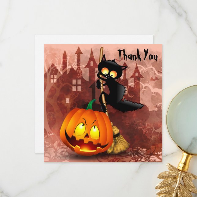 Cat Scared by Pumpkin Fun Halloween Character Thank You Card (Front/Back In Situ)