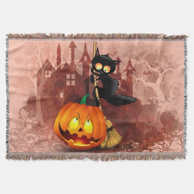 Cat Scared by Pumpkin Fun Halloween Character Throw Blanket (Front)