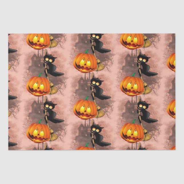 Cat Scared by Pumpkin Fun Halloween Character Tissue Paper (Front)
