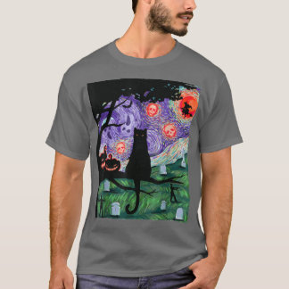 Cat, Scary Night Cat, Van Gogh, Halloween  T-Shirt