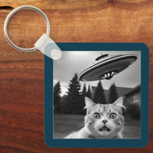 Cat Selfie UFO Keychain Funny Alien Abduction