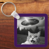 Cat Selfie UFO Keychain Funny Alien Abduction