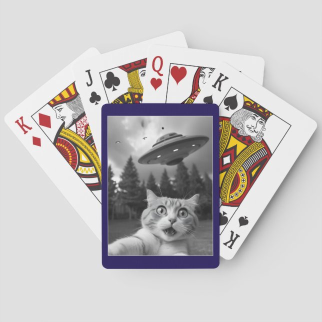 Cat Selfie UFO Keychain Funny Alien Abduction Playing Cards (Back)