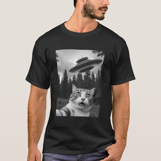 Cat Selfie UFO Tee Funny Alien Abduction Shirt (Front)