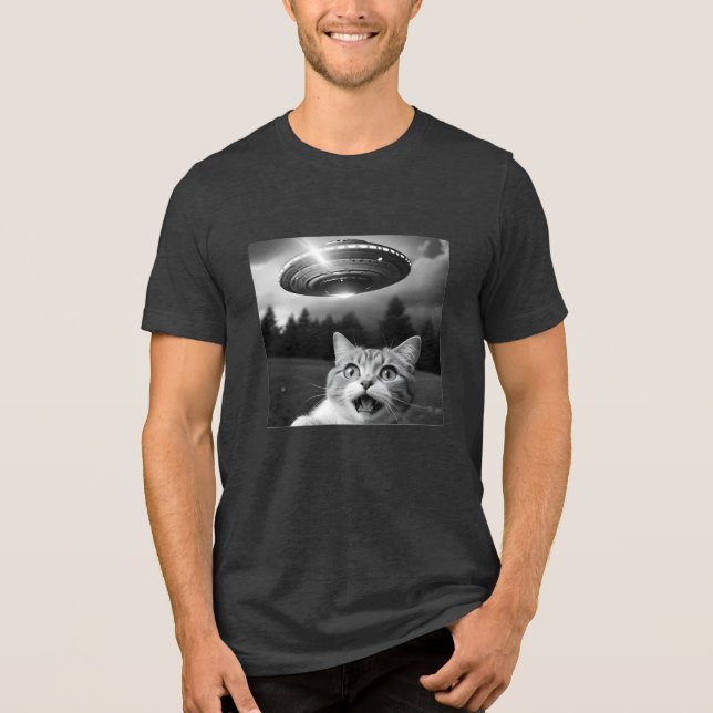 Cat Selfie UFO Tee Funny Alien Abduction Shirt (Front)