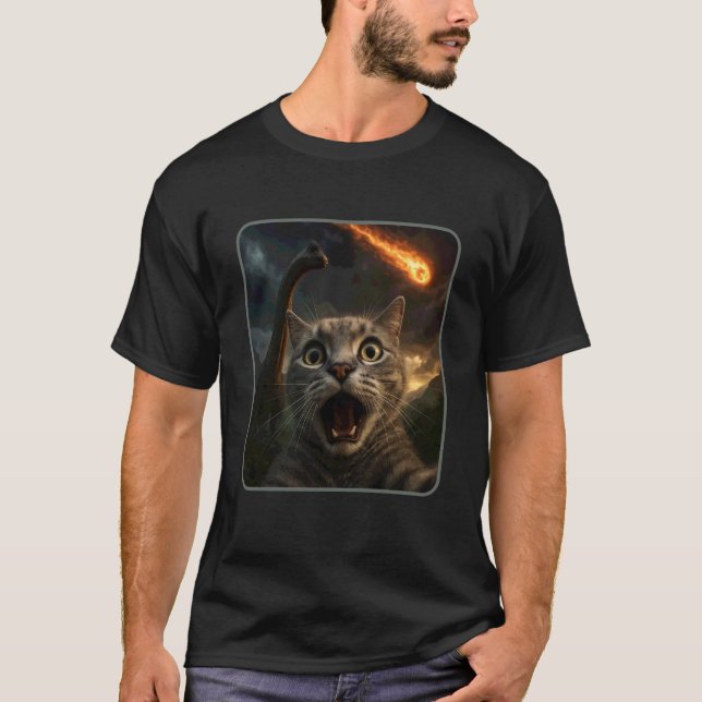 Cat Selfie with a Brachiosaurus Funny Dinosaur Mem T-Shirt (Front)