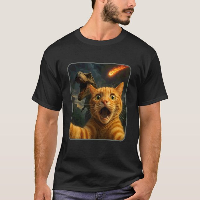 Cat Selfie with a T-Rex Funny Dinosaur Meme T-Shirt (Front)