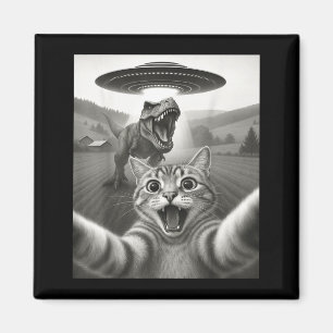 Cat Selfie With Alien Ufo & T-rex Dinosaur Fun Magnet