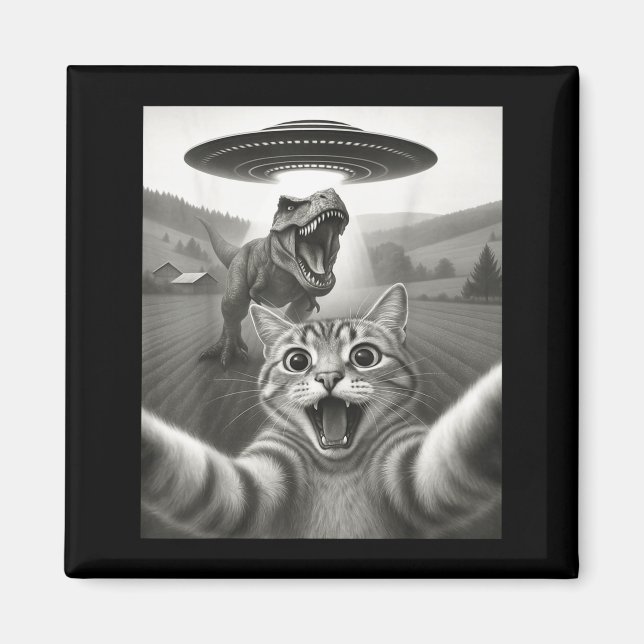 Cat Selfie With Alien Ufo &amp; T-rex Dinosaur Fun Magnet (Front)