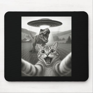 Cat Selfie With Alien Ufo & T-rex Dinosaur Fun Mouse Pad