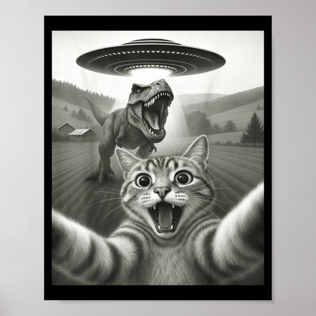 Cat Selfie With Alien Ufo &amp; T-rex Dinosaur Fun Poster (Front)