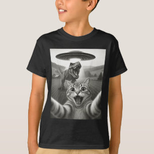 Cat Selfie With Alien Ufo & T-rex Dinosaur Fun T-Shirt