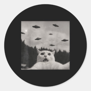 Cat Selfie With Alien Ufo, Funny Alien Cat Lovers Classic Round Sticker
