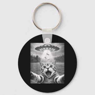Cat Selfie with Alien UFO Funny Cat for Men Women Key Ring