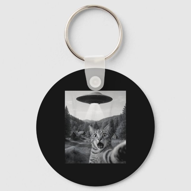 Cat Selfie With Alien Ufo Funny Cat Funny Ed Cat  Key Ring (Front)