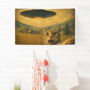 Cat Selfie With Alien UFO Funny Cat Gifts Banner