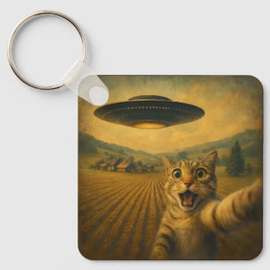 Cat Selfie With Alien UFO Funny Cat Gifts Key Ring