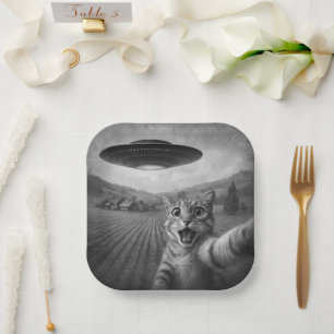 Cat Selfie With Alien UFO Funny Cat Gifts Paper Plate