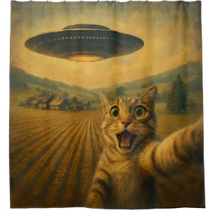 Cat Selfie With Alien UFO Funny Cat Gifts Shower Curtain