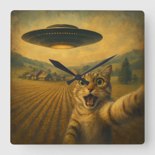 Cat Selfie With Alien UFO Funny Cat Gifts Square Wall Clock