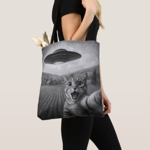 Cat Selfie With Alien UFO Funny Cat Gifts Tote Bag