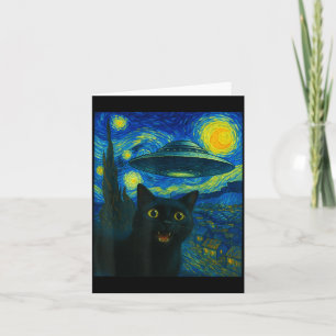 Cat Selfie With Alien Ufo Night Van Gogh Men Women Card