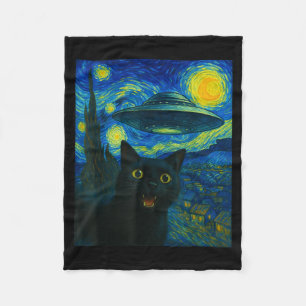 Cat Selfie With Alien Ufo Night Van Gogh Men Women Fleece Blanket