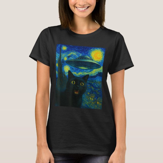 Cat Selfie With Alien Ufo Night Van Gogh Men Women T-Shirt (Front)