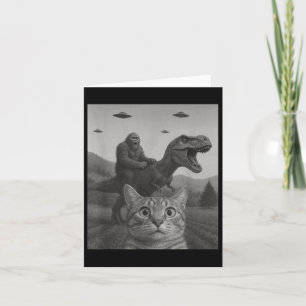 Cat Selfie With Bigfoot Riding T-rex Dinosaur Alie Card