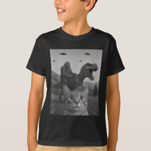Cat Selfie With Bigfoot Riding T-rex Dinosaur Alie T-Shirt