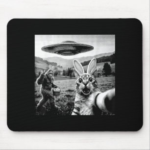 Cat Selfie with Easter Bunny Bigfoot Sasquatch UFO Mouse Pad