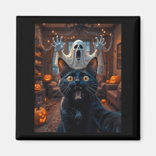 Cat Selfie With Ghost Scary Funny Halloween Magnet