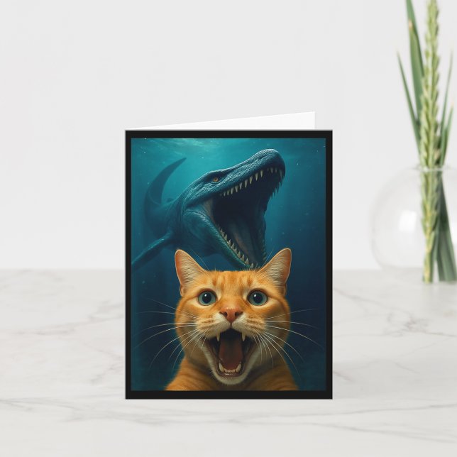 Cat Selfie With Mosasaurus Dinosaur For Boys Kids  Card (Front)