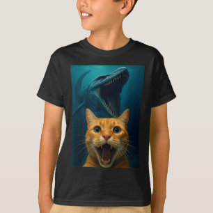 Cat Selfie With Mosasaurus Dinosaur For Boys Kids T-Shirt