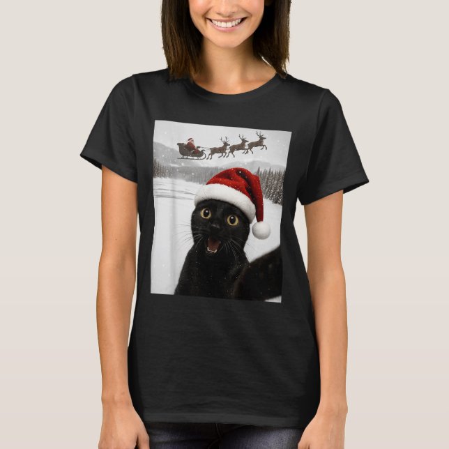 Cat Selfie With Santa Funny Black Cat Christmas Me T-Shirt (Front)