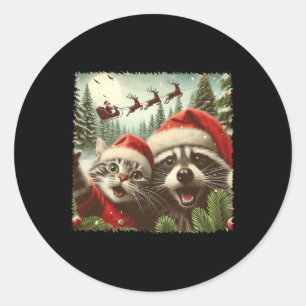 Cat Selfie With Santa's Sleigh Weird Funny Racoon Classic Round Sticker