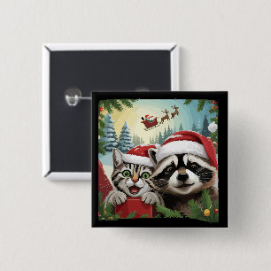Cat Selfie With Santa's Sleigh Weird Racoon Xmas 15 Cm Square Badge