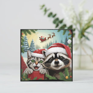 Cat Selfie With Santa's Sleigh Weird Racoon Xmas Holiday Card